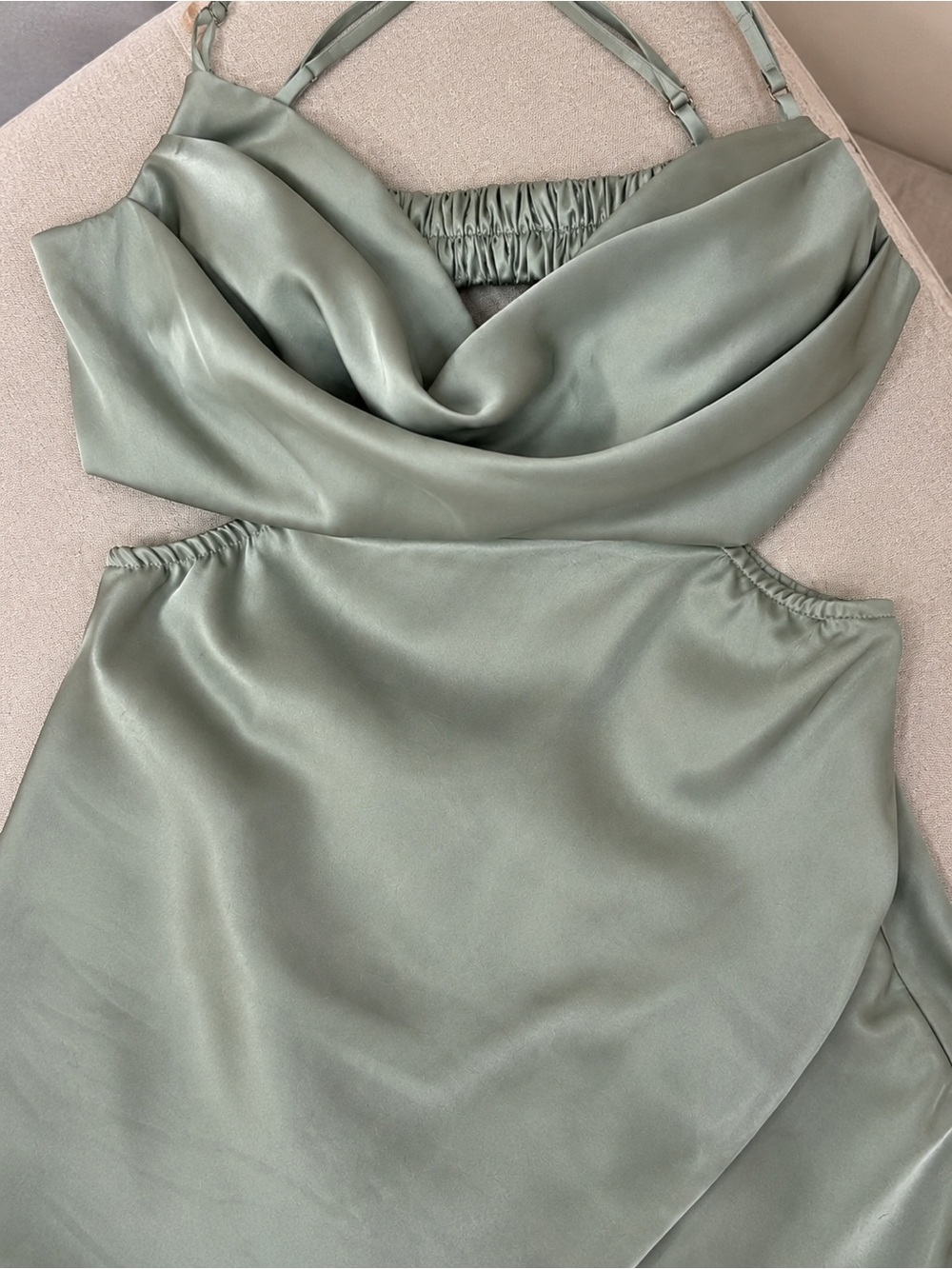 Princess Polly Jemma Sage Satin Cowl Neck Cutout Mini Dress US 4
